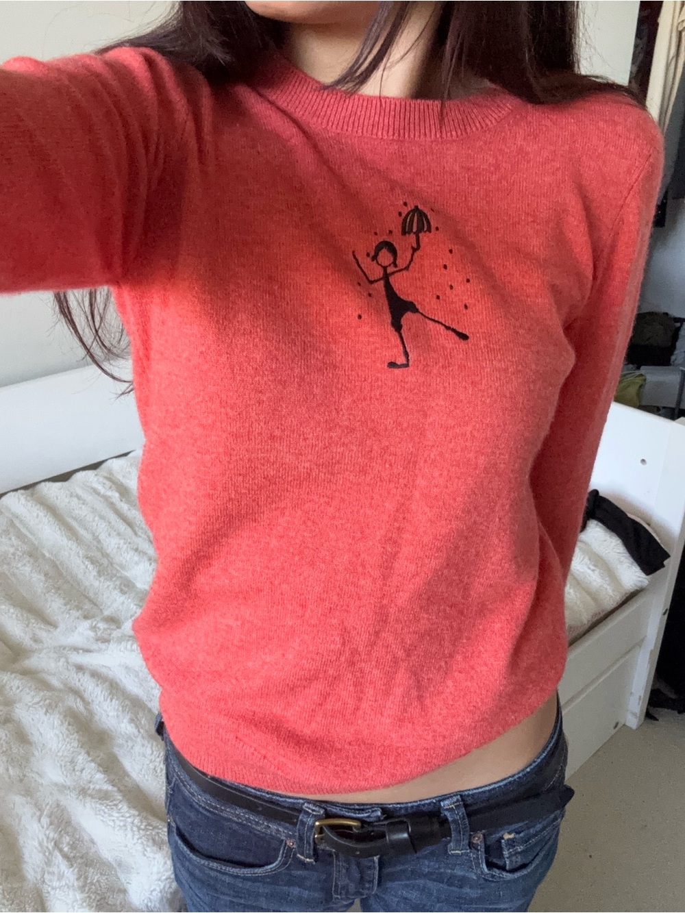 Women’s Coral Crewneck Sweater with Umbrella Motif